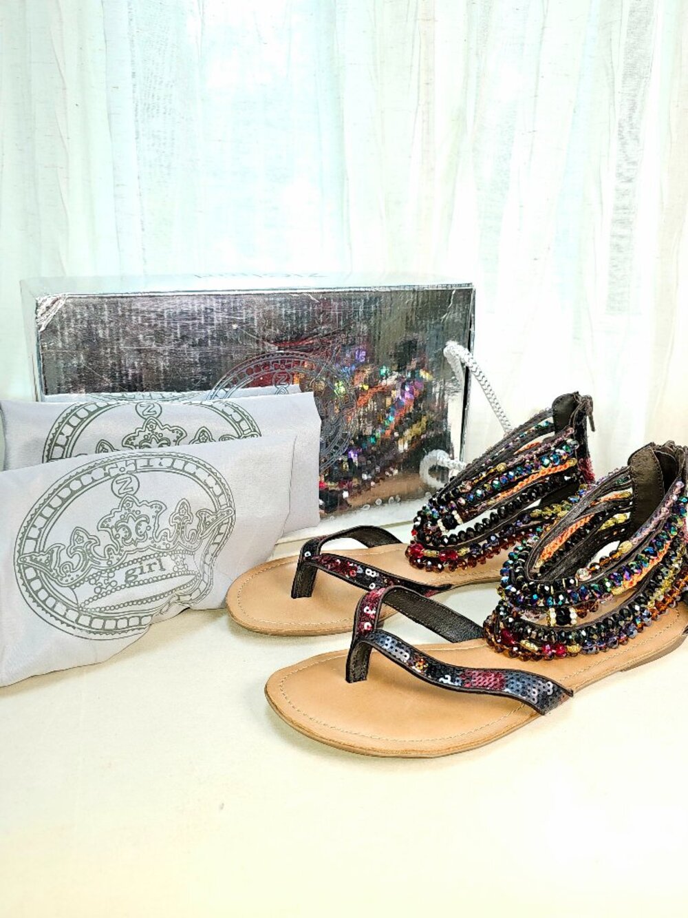 ZIGI Girl Brown Crystal Gladiator Sandals Size 10 Beaded Rhinestone Flat Sandals - Picture 3 of 11